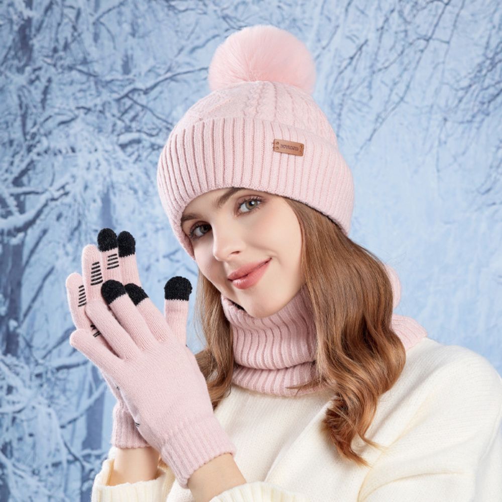 Wool Glove Lined - 3点セット シンプル無地帽子スカーフ手袋セット ウール製保温ニット帽 裏起毛ネックプロテクター 冬用ビーニー帽 アウトドア用
