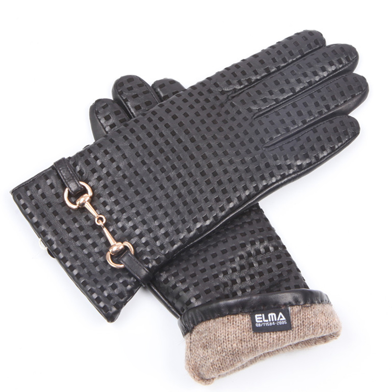 秋冬本革手袋女性熱輸入シープスキンウールニット裏地金属装飾女 - Wool Glove Lined のレビューと価格